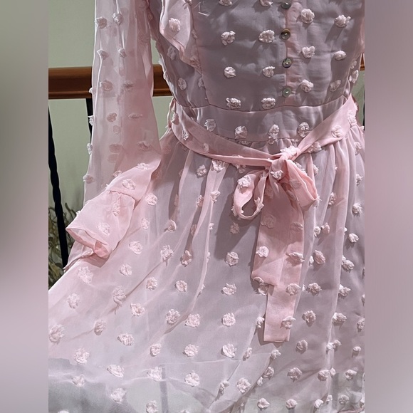 Woven Pink SWISS DOT, V NECK RUFFLE TRIM LONG SLEEVE FEMININE MINI DRESS SIZE M - Picture 8 of 13